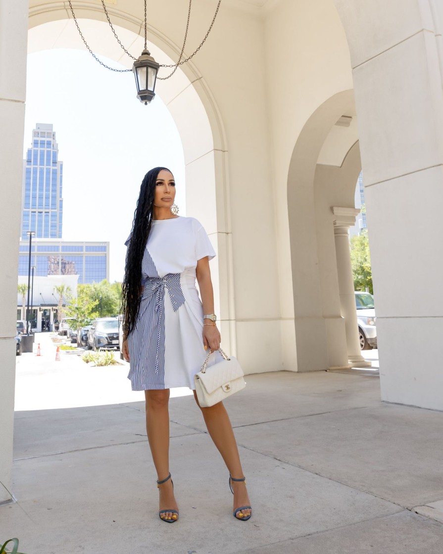 Fancy Dream Layan (White/Blue Stripped Midi Dress) | Dresses