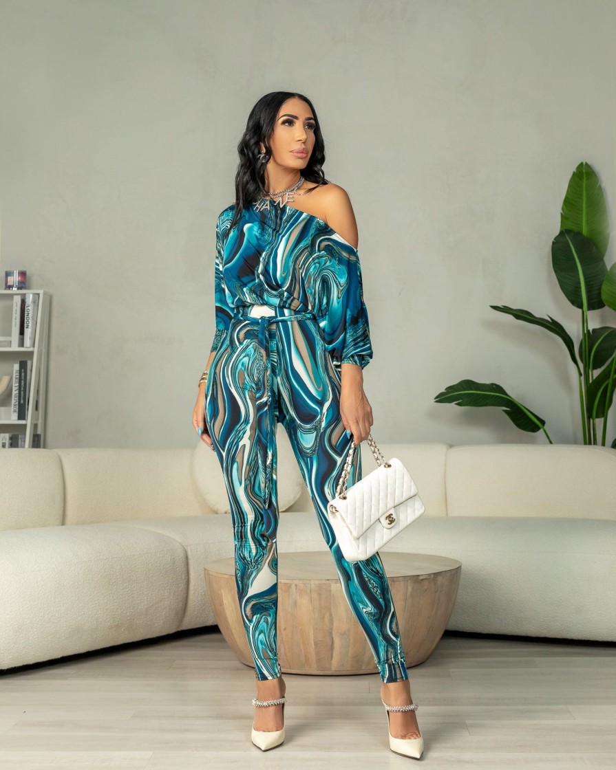 Votique Alaina (Teal Multi Color Long Sleeve Jumpsuit) | One Piece